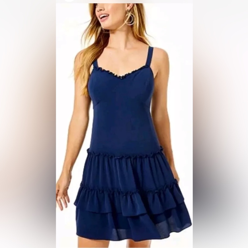 NWT $168 Lilly Pulitzer Women's Gracey Ruffle Tier Short Dress True Navy Blue